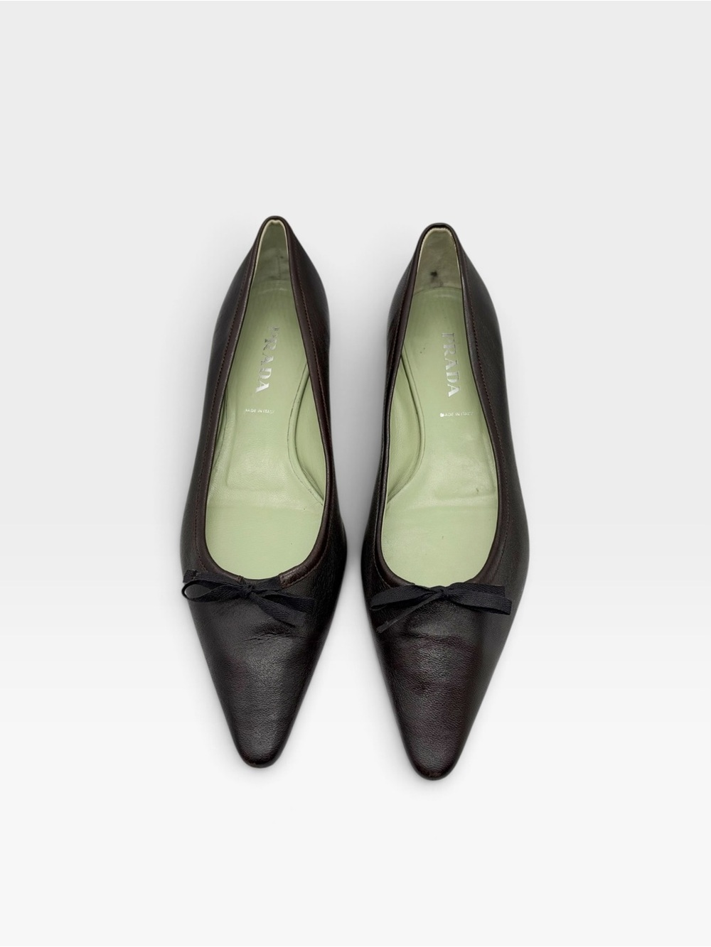 Prada Pointed Toe Leather Bow Flats Chocolate Brown size 38.5